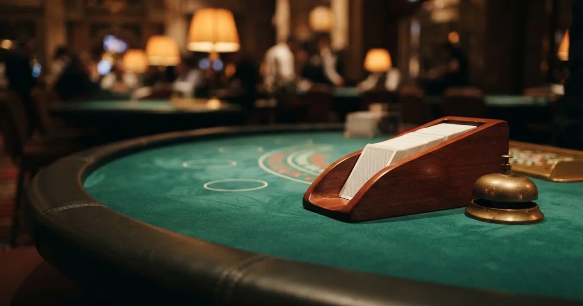 Vihreä huopa ja pitkä puinen korttikenkä pöydän reunalla, vieressä messinkikello — casino ventti