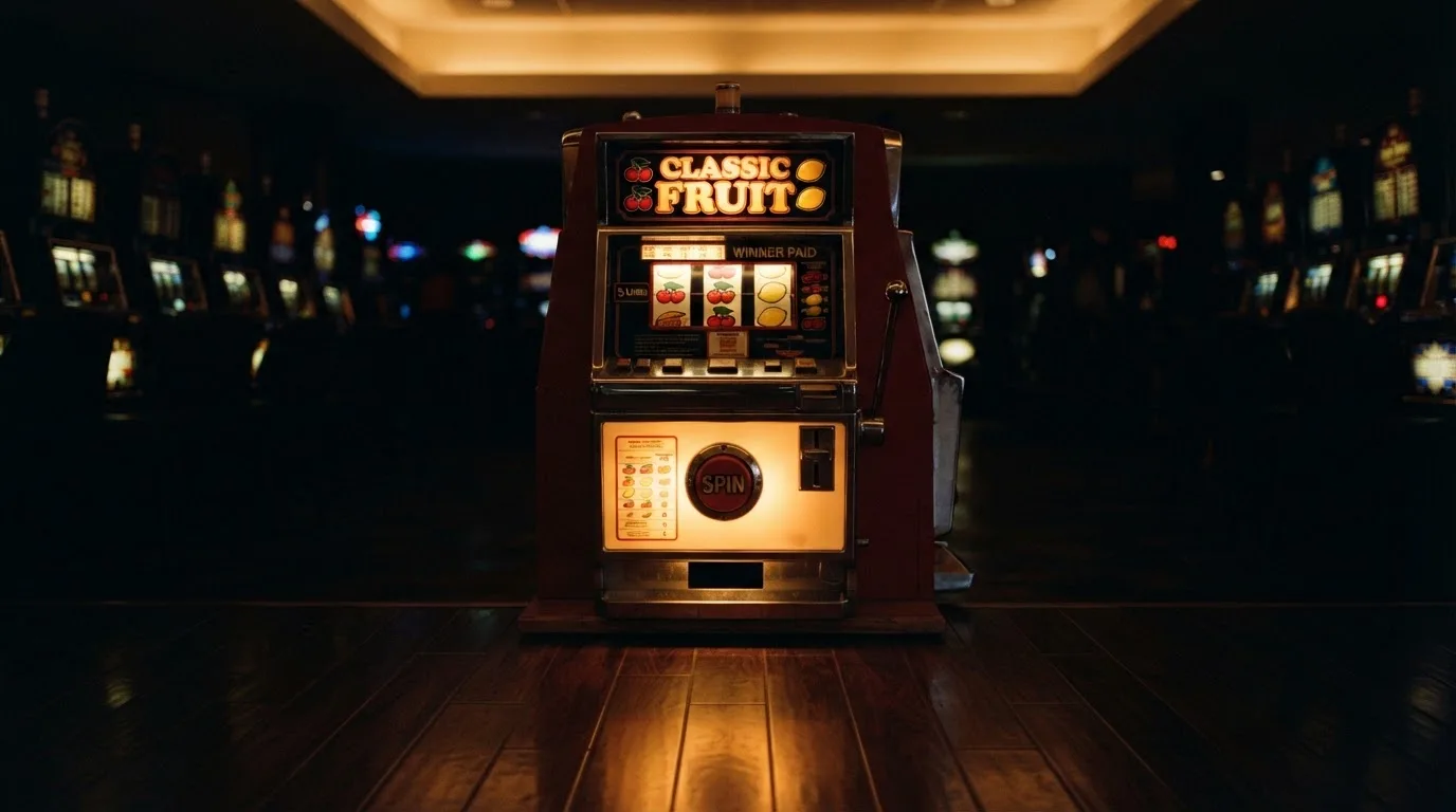 Vanha hedelmäpeliautomaatti hehkuu hämärässä pelisalissa, heijastus kiillottaa tummaa lattiaa — casino ventti