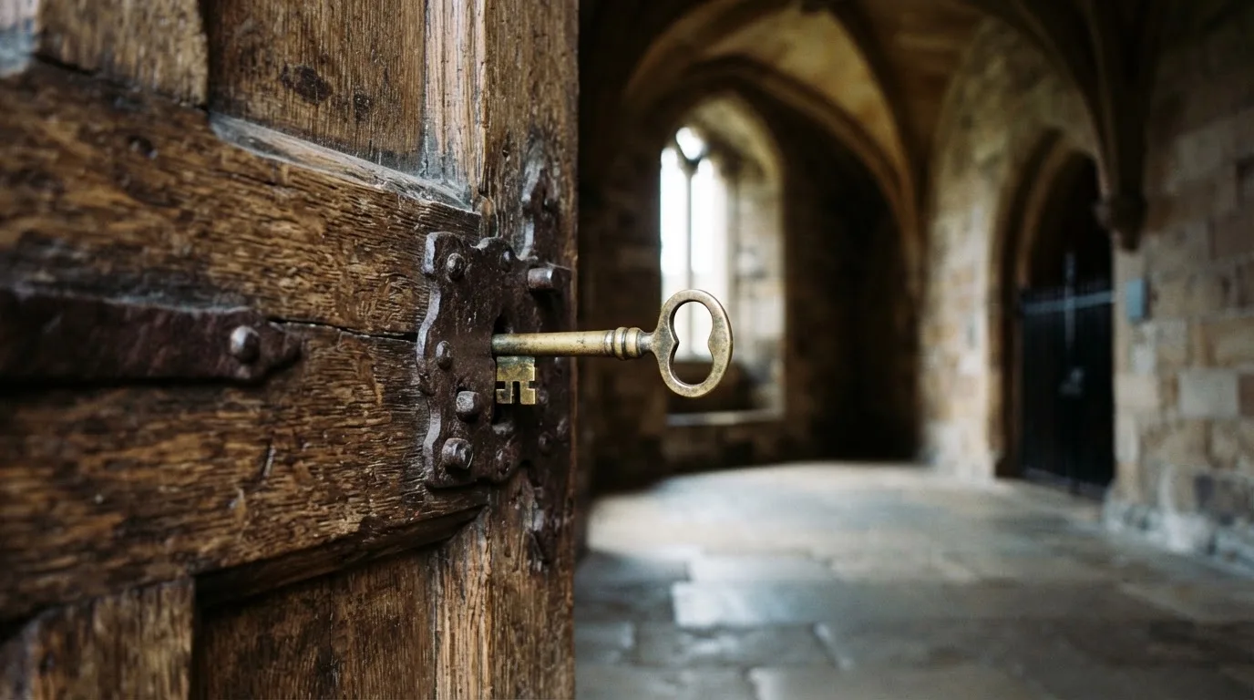 Raskas messinkiavain tammioven lukossa kivisessä holvikäytävässä, päivänvalo siivilöityy sisään ikkunasta — kasino ilman rekisteröitymistä kokemuksia