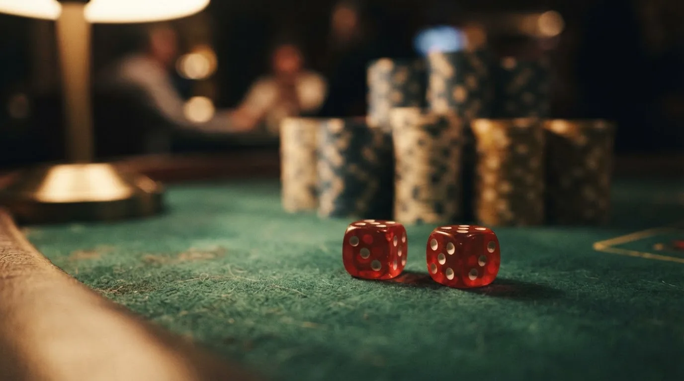 Punaiset nopat lepäävät vihreällä huovalla, taustalla sumeita pelimerkkitorneja iltahämärässä — kolikkopelit casino pelit