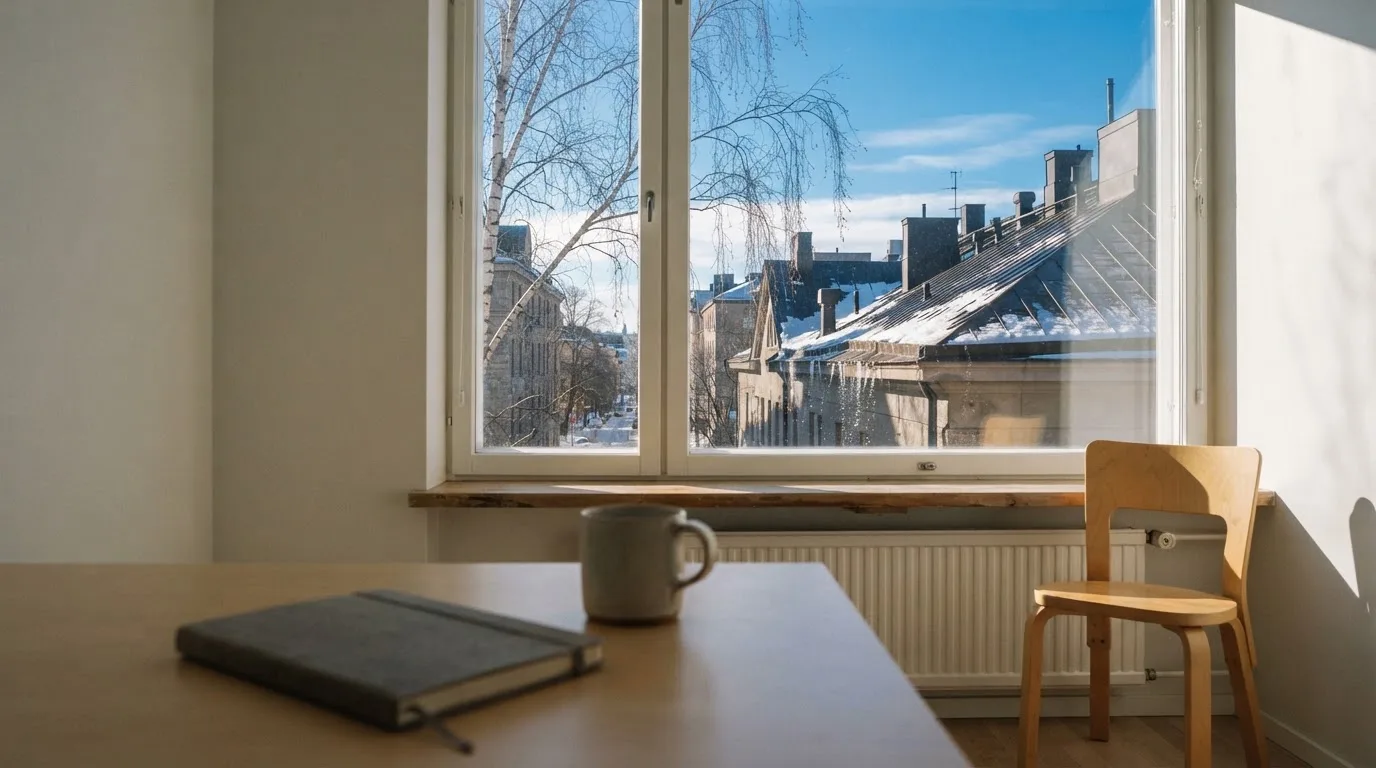 Toimistohuoneen ikkunasta näkyy maaliskuun aamu, lumi sulaa katolla auringonpaisteessa hiljaisella aamulla.