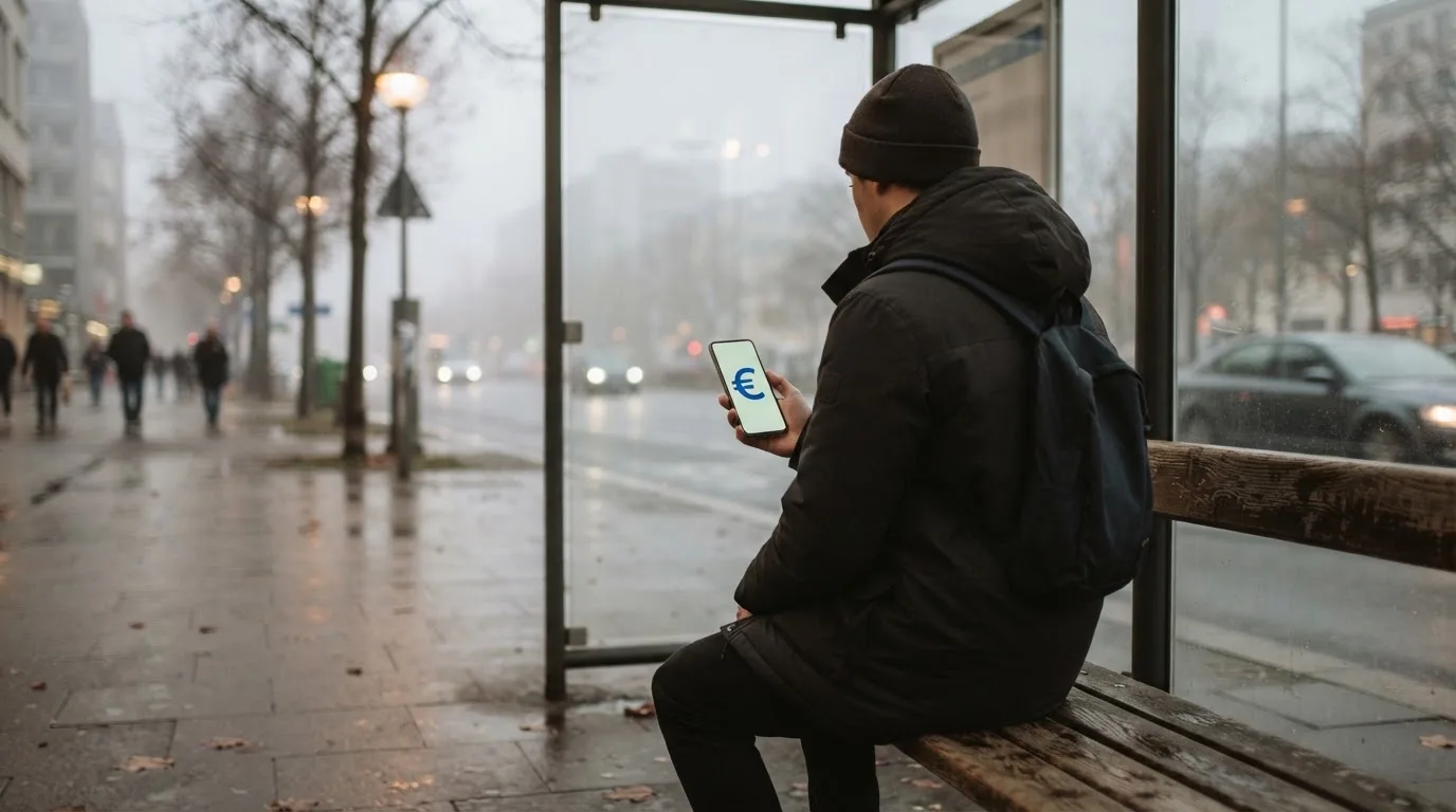 Nuori mies selaa älypuhelinta bussipysäkillä odottaessaan iltapäivällä, taustalla sumuinen katunäkymä.