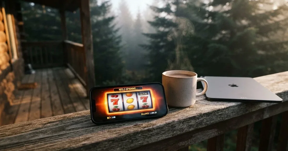 Kädet pitelevät lämmintä kaakaomukia metsämökin portailla, vieressä suljettu tabletti ja aamusumua — mobiilikasino puhelimessa