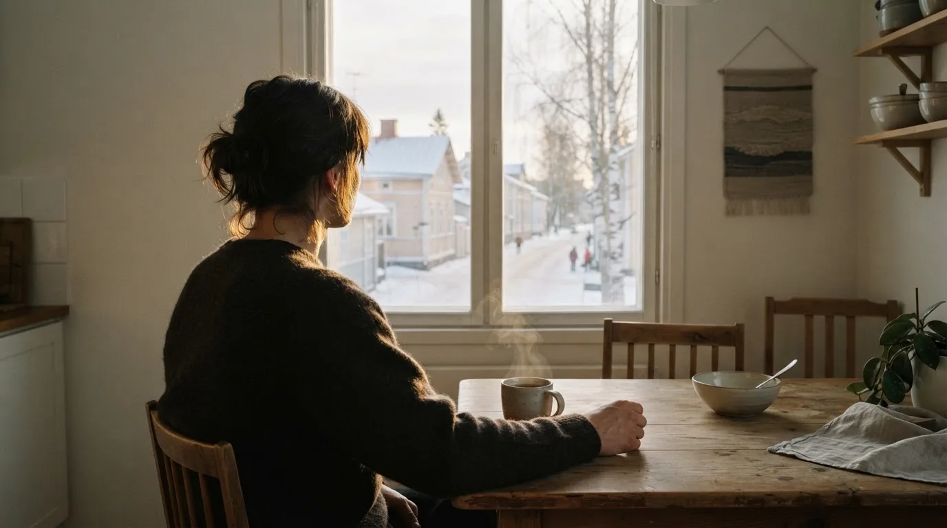 Henkilö istuu keittiön pöydän ääressä teekupin kanssa katsellen ulos ikkunasta aamulla.