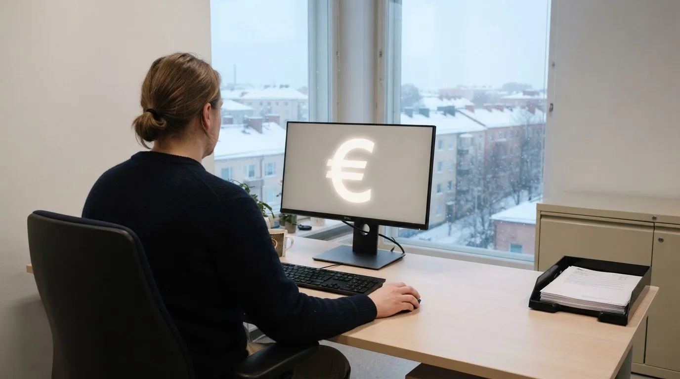 Virkailija istuu vaaleassa virastohuoneessa tietokoneen ääressä, ikkunasta näkyy talvinen kaupunkimaisema.